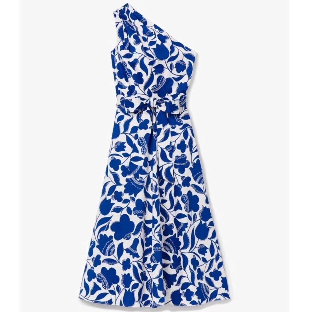 Kate Spade New York Zigzag Floral One Shoulder Sabrina Dress Blue White 4 K8590